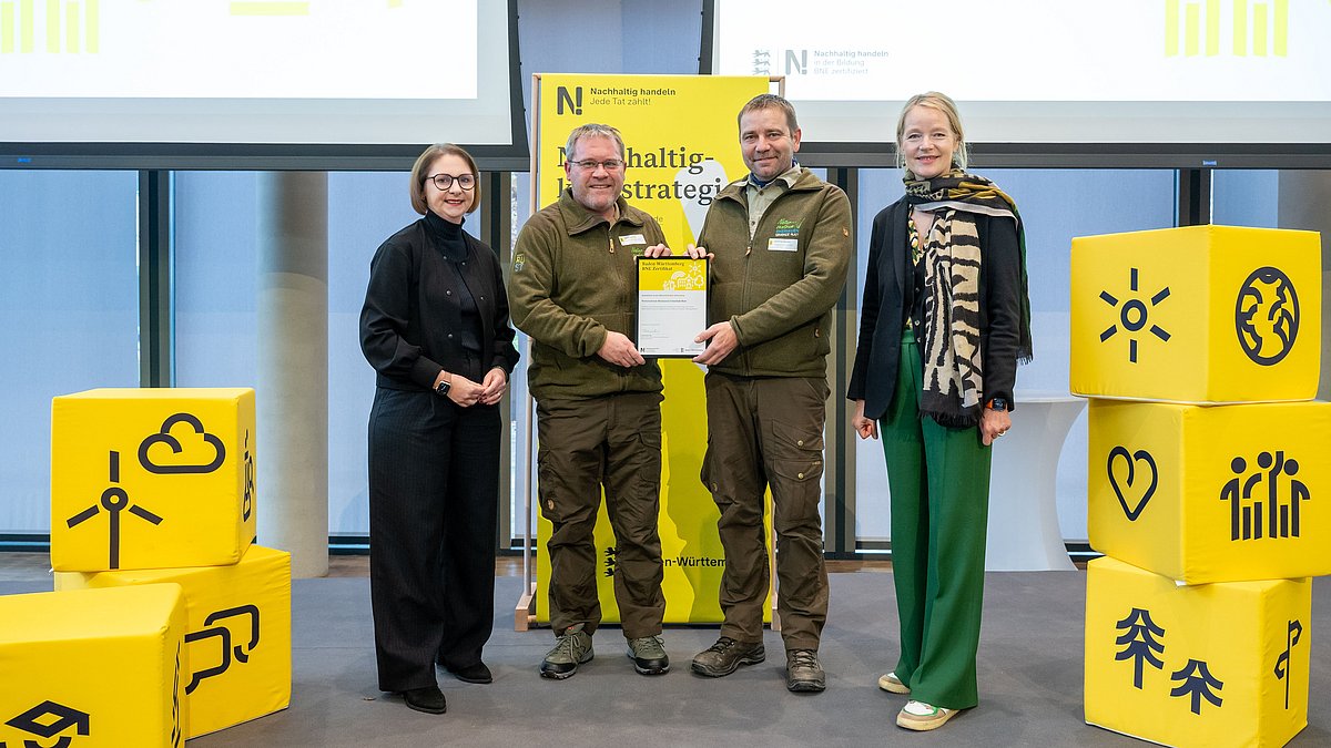 Vertreter des Naturzentrums Rheinauen Gemeinde Rust mit Umweltministerin Thekla Walker und Kultusstaatssekretärin Sandra Boser bei der Übergabe der BNE-Zertifizierung.
