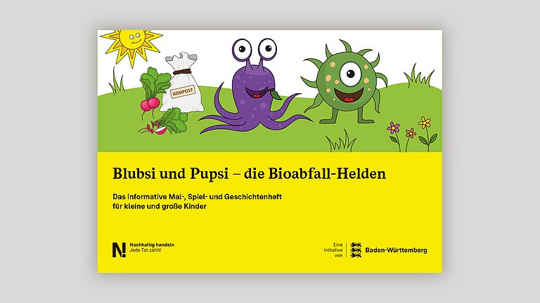 Dargestellt wir die Titelseite des Malbuchs „Blubsi und Pupsi" – die Bioabfall-Helden!“