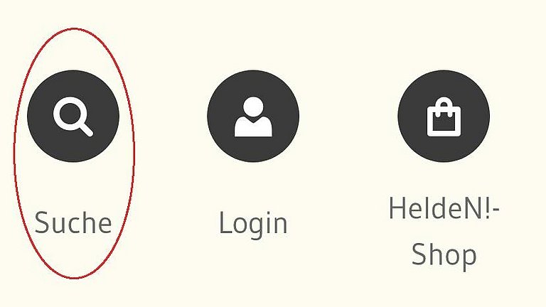 Ein Sreenshot zeigt aus aus dem Header einen Detail zu den Naviagtionspunkten Suche, Login und Helden-Shop.  Umrandet ist der Link "Suche". Rot umrandet ist der Link zum Kontrastschalter.