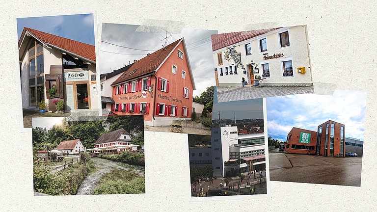 Collage mit sechs Gebäuden: traditionelle Gasthäuser, ein modernes Restaurant, ein Firmensitz und eine Mühle an einem Bach. Sichtbare Schriftzüge sind u. a. „1950 Bio Fine-Dining-Restaurant“, „Gasthof zur Rose“, „Heimatküche“ und „Tress Brüder“.