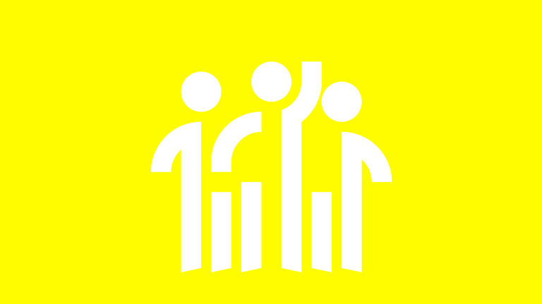 Piktogramm von drei Menschen in weiß auf grauem Hintergrund.