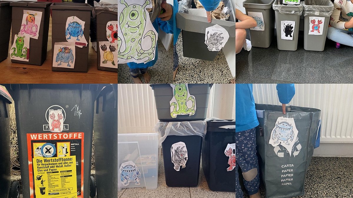 Hier sieht man eine Collage von Mülltonnen der Kinder zu Hause. Die Kinder konnten die Monster als Ausmalbilder mit nach Hause nehmen und zusammen mit ihren Eltern gestalten. So erreichten wir auch die Nachbarschaft der Kinder.