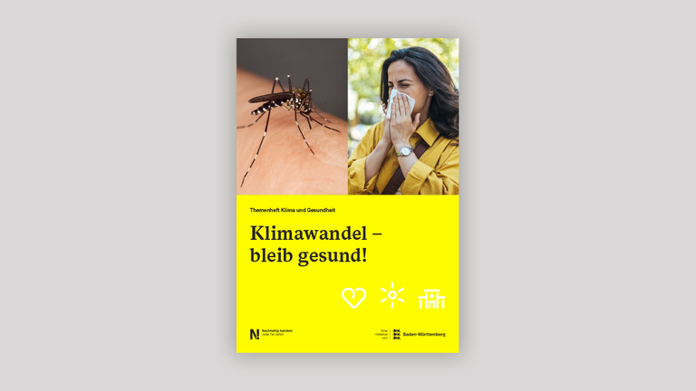 Titelseite des Themenheftes Klima und Gesundheit mit zwei Bilder von einer Tigermücke und einer Frau, die sich die Nase putzt. Darunter auf gelbem Grund der Titel, Piktogramme und Logos der Nachhaltigkeitsstrategie und vom Land BW.