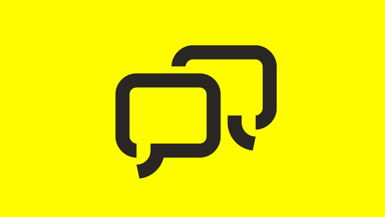 weißes Icon von zwei Sprechblasen auf gelbem Hintergrund.