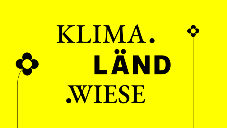 Das Logo der KLIMA.LÄND.WIESE in schwarzer Schrift vor gelbem Hintergrund mit schwaren grafischen Blumen.