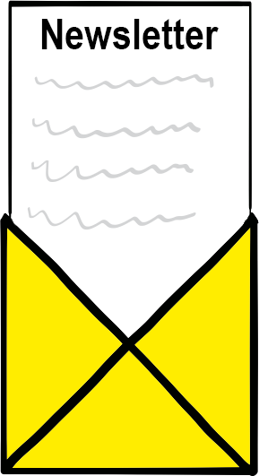 Zu sehen ist ein gelber Briefumschlag. Dieser ist geöffnet. Aus dem Umschlag ragt ein weißes Blatt Papier heraus mit der Aufschrift "Newsletter", sowie welligen Linien, die etwas Geschriebenes darstellen sollen.