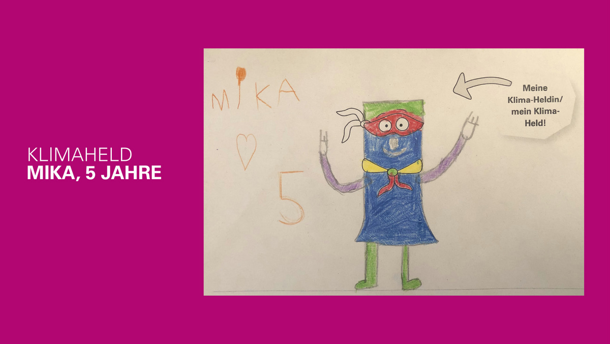 gemaltes Bild eines Klimahelden von Mika, 5 Jahre.