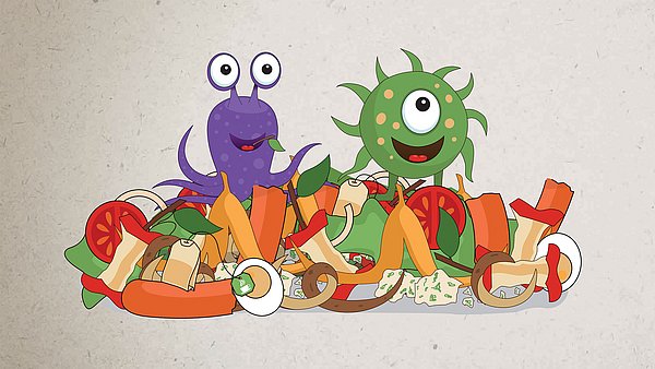 Eine Illustration zeigt die Bakterien Blubsi und Pupsi auf einem Haufen von Gemüseabfällen.