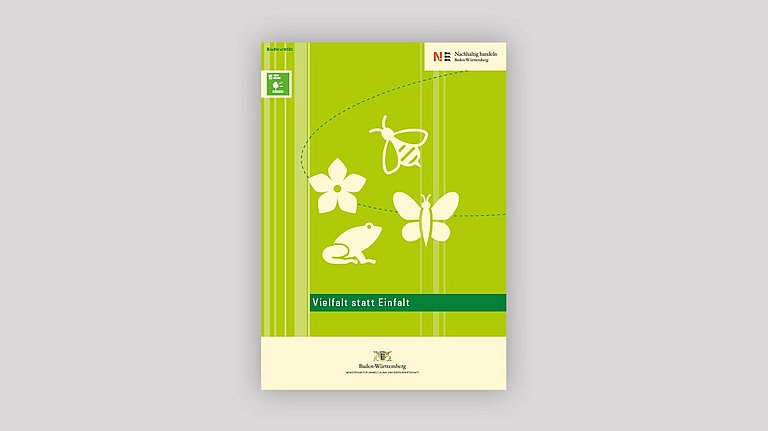 Titelseite des Themenheftes "Vielfalt statt Einfalt" mit den Piktogrammen Schmetterling, Frosch, Blume und Biene.