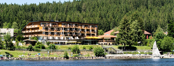 Sicht vom Titisee aus auf das Seehotels Wiesler mit einer Grünfläche am Seeufer.