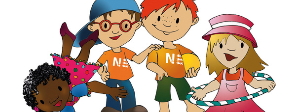 Ein Illustration mit vier kleinen Helden, zwei Mädchen und zwei Jungen.