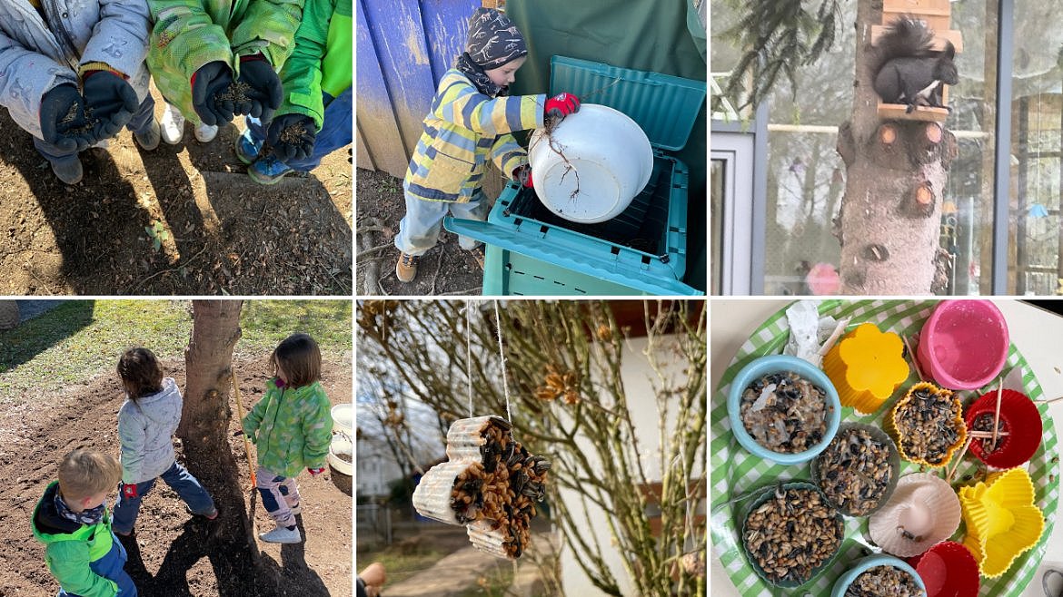Die Kinder haben im Januar damit begonnen, Meisenknödel herzustellen und einen Bereich im Garten umzugraben, um eine Blumenwiese anzupflanzen.