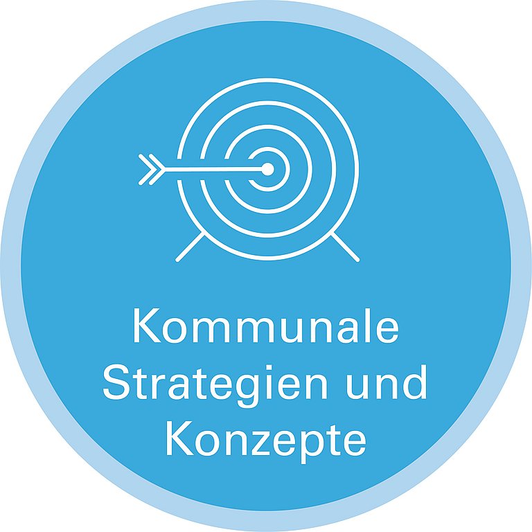 Icon zu Handlungsfeld: Kommunale Strategien & Konzepte. Die Grafik zeigt die Strichzeichnung einer Zielscheibe, in deren Mitte ein Pfeil steckt.