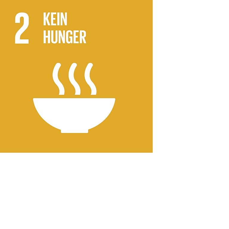 Icon für SDG 2 kein Hunger, dargestellt wird eine dampfende Suppenschüsssel auf senffarbenen Hintergrund.