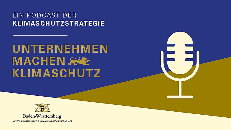 Cover mit dunkelblauem und goldenem Hintergrund mit der Aufschrift: "Ein Podcast der Klimaschutzstrategie. Unternehmen machen Klimaschutz". Rechts eine Grafik eines Mikrofons in beige