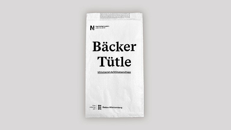 Eine Bäckertüte mit Aufdruck der Nachhaltigkeitsstrategie Baden-Württembergs. 