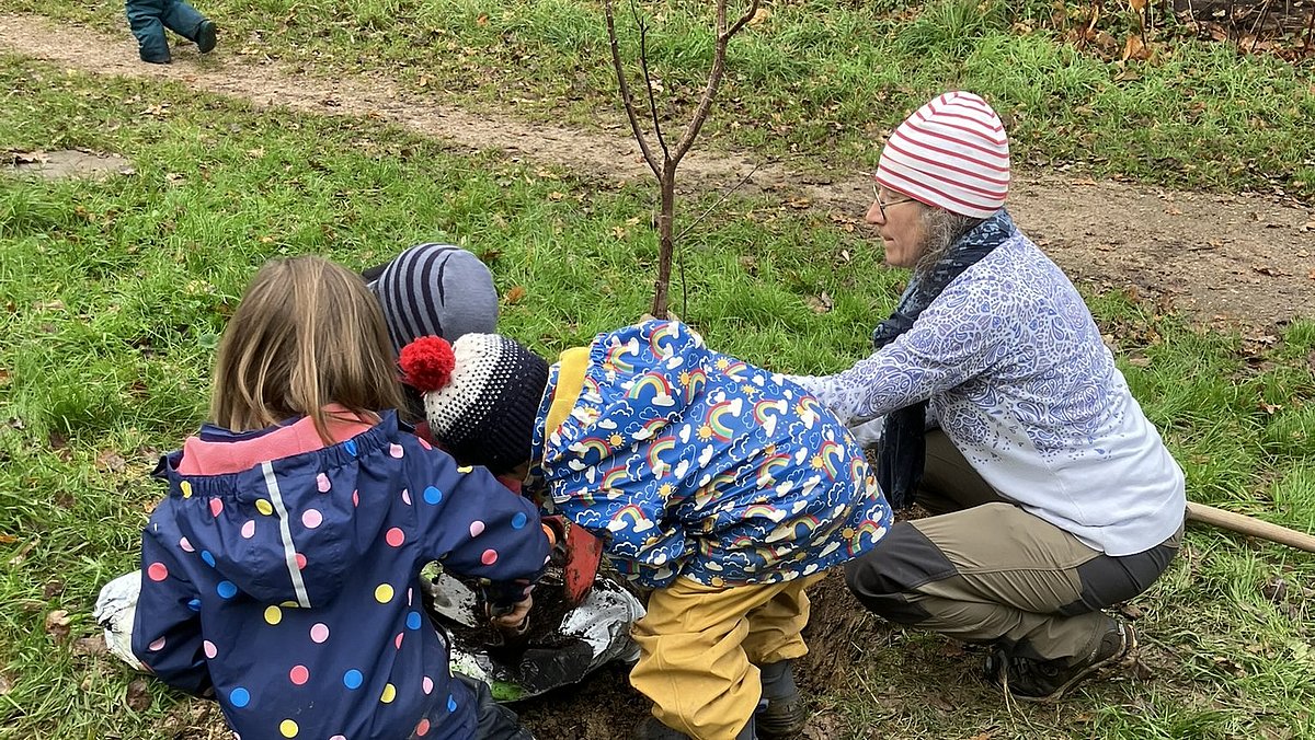 Die Kinder beim Pflanzen der Kirschbäume.