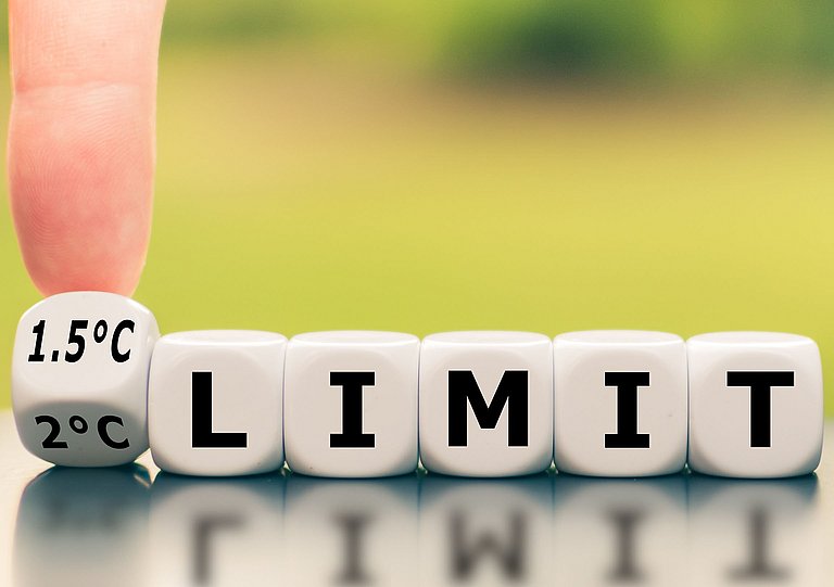 Sechs Würfel, die folgendes darstellen: 1,5 Grad Celsius und den Begriff Limit