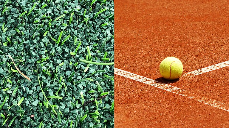 Nahaufnahme Kunstrasen links, Tennisplatz rechts