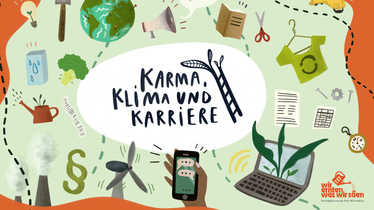 Inmitten des Bildes mit zahlreichen Illustrationen wie beispielsweise Laptop, Handy, Windkraftanlage, Buch, Brokkoli steht der Schriftzug Karma, Klima und Karriere.