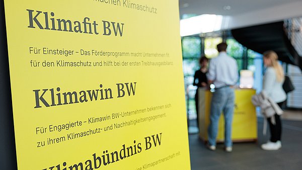 Aufsteller Woody mit den verschiedenen Initiativen Klimabündnis, Klimafit und Klimawin.