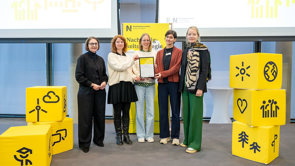Vertretende des Eine-Welt-Forum Mannheim e. V. mit Umweltministerin Thekla Walker und Kultusstaatssekretärin Sandra Boser bei der Übergabe der BNE-Zertifizierung.