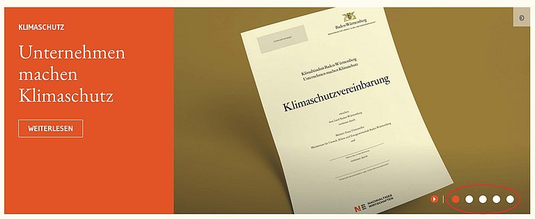 Ein Sreenshot zeigt das Sliderelement mit Naviagtionselement und der Schaltfläche für die Sliderbilder.. 