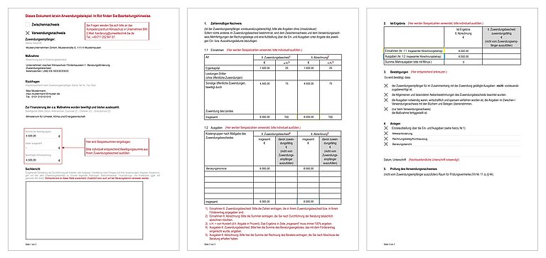 Hier wird in einem Bild dargestellt, wie der Verwendungsnachweis für den Förderantrag ausgefüllt werden muss.