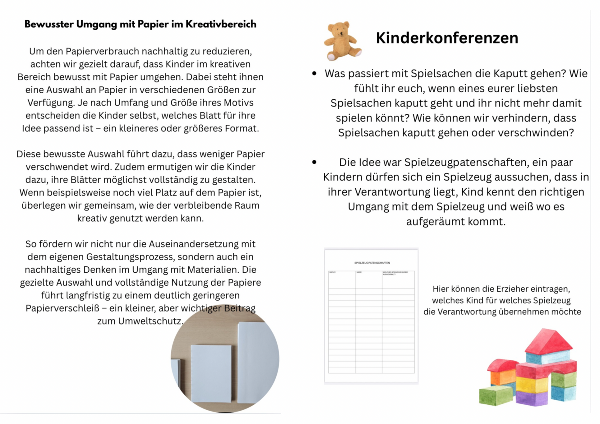 Informationen zu bewusstem Umgang mit Papier im Kreativbereich und Kinderkonferenzen.