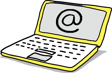 Zu sehen ist eine Grafik eines geöffneten Laptops in der Farbe Gelb. Der graue Bildschirm zeigt ein großes A, welches für das At-Zeichen steht.