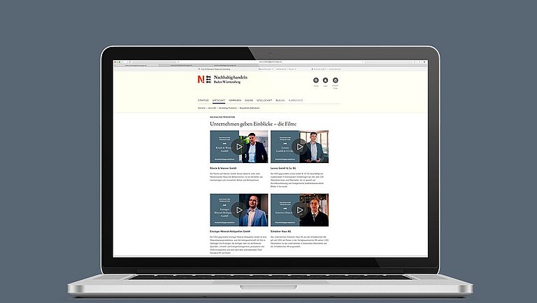 Auf grauem Hintergrund steht ein geöffneter Laptop. Der Bildschirm zeigt eine Seite des Internetauftritts der Nachhaltigkeitsstrategie mit Filmbeiträgen zur Nachhaltigen Produktion. Oberhalb und unterhalb des Rechner steht geschrieben: #nachhaltigeproduktion sowie "Hier geht es zu den Filmen".
