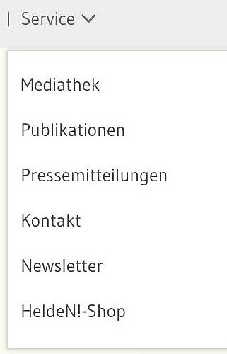 Ein Sreenshot zeigt den Link im Header zu Service mit dem dazugehörigen Aufklappmenü.