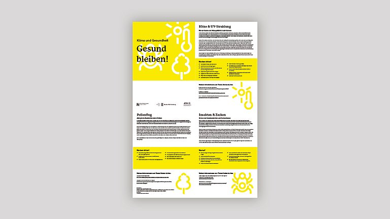 Mock-up der der Vorderseite des Plakats für Klima und Gesundheit. Es wurde mit gelben und weißen Kästen und schwarzer Schrift in verschiedenen Größen gearbeitet.