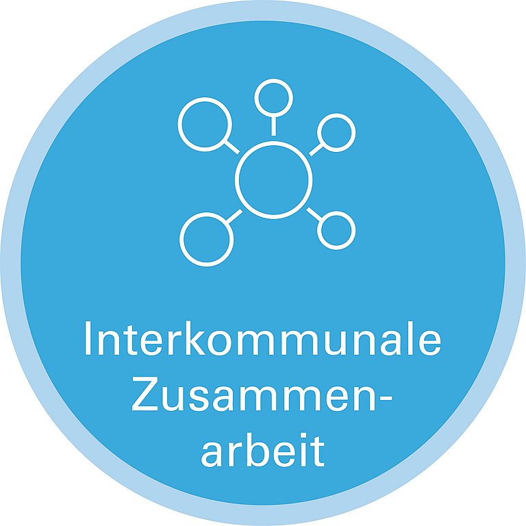 Icon zu Handlungsfeld: Interkommunale Zusammenarbeit. Die Grafik zeigt in einer Strichzeichnung einen Mittelkreis, um den ringsherum kleinere Kreise angeordnet sind. Die kleineren Kreise sind über Linien mit dem Mittelkreis verbunden und bilden somit eine Art Netzwerk.