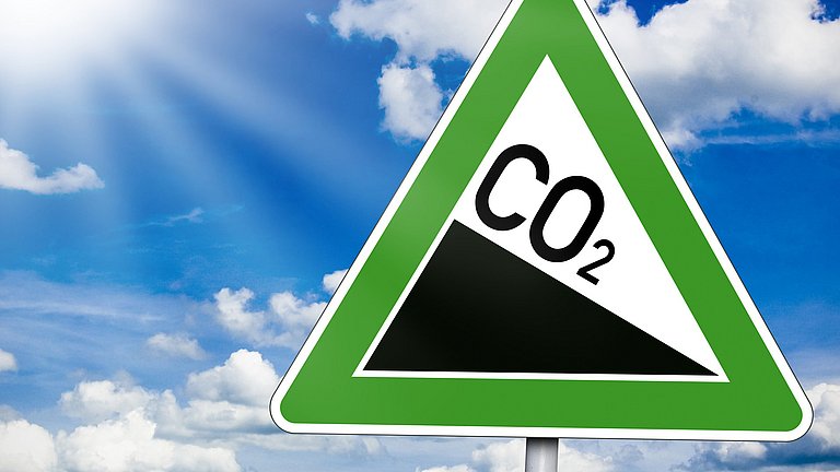 Vor einem sonnigen, blauen Himmel mit leichter Bewölkung steht ein Achtung-Gefälle-Verkehrsschild mit grünem Rand. Das Gefälle ist mit CO2 betitelt.