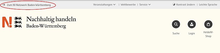 Ein Sreenshot des Headers zeigt die ersten beiden Navigationszeilen. Rot umrandet ist der Link zum N-Netzwerk.