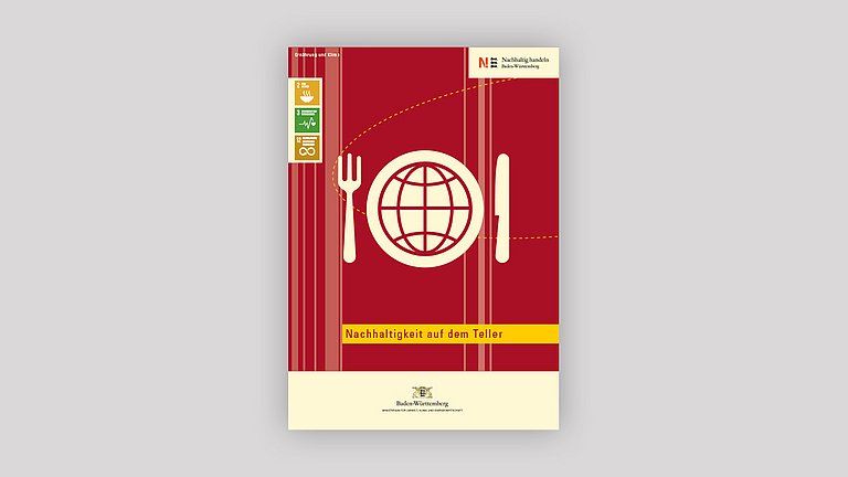 Titelseite des Themenheftes Nachhaltigkeit auf dem Teller mit der Weltkugel als Teller und rechts und links davon Messer und Gabel.