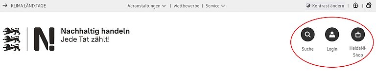 Ein Sreenshot des Headers zeigt die ersten beiden Navigationszeilen. Rot umrandet sind die Links Suche, Login und HeldeN!-Shop..