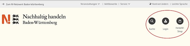 Ein Sreenshot des Headers zeigt die ersten beiden Navigationszeilen. Rot umrandet sind die Links Suche, Login und HeldeN!-Shop..