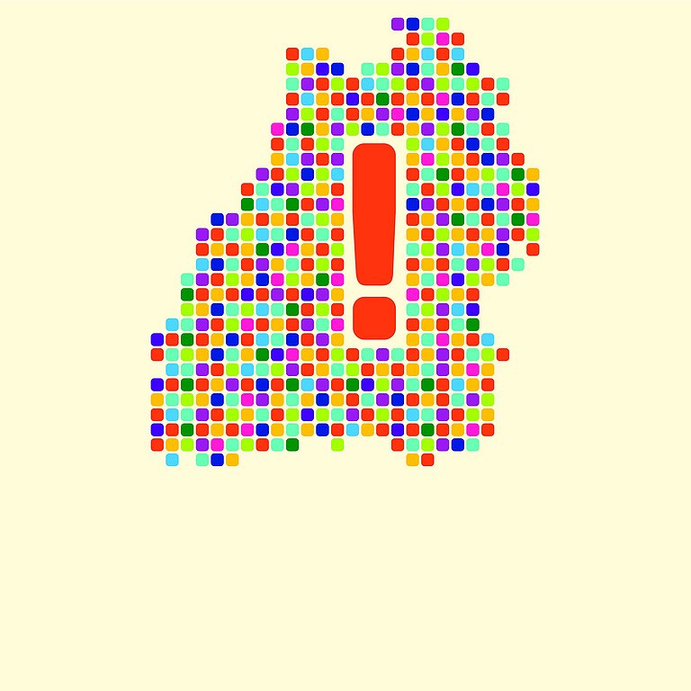 Die Fläche des Landes Baden-Würrtemberg wird dargestellt mit unzähligen kleinen bunten Quadraten und einen großen orangefarbenen Ausrufezeichen.