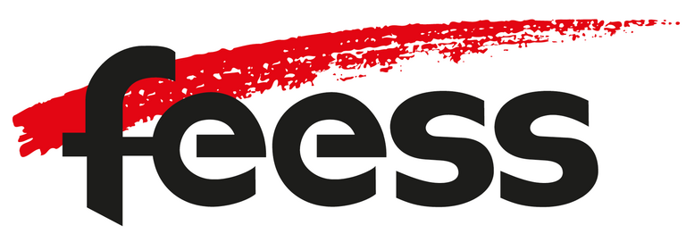 Logo mit dem Schriftzug „feess“ auf weißem Grund mit einem roten pinselstrichartigen Streifen im Hintergrund.
