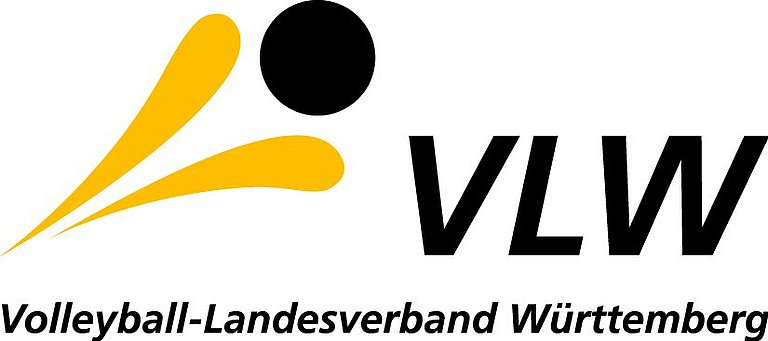 Zu sehen ist das Logo des Volleyball-Landesverband Württemberg: Zwei gelbe Linien, die von links nach rechts außeinander gehen und am Ende ein schwarzer Kries, der mittig dazwischen liegt. Rechts davon sind die Initialien des Verbands "VLW" zu lesen.