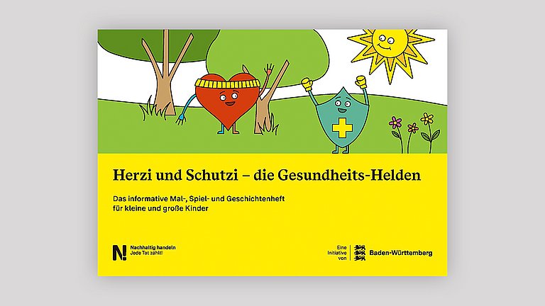 Dargestellt wir die Titelseite des Malbuchs „Herzi und Schutzi" – die Gesundheits-Helden!“