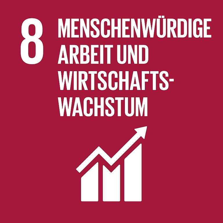 Icon für SDG 8 Arbeitsplätze, Wirtschaftswachstum, dargestellt wird ein Fabrikgebäude mit einem Entwicklungspfeil nach oben auf dunkelrotem Hintergrund.