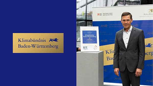 Links das Logo in gold und blau "Klimabündnis Baden-Württemberg, Unternehmen machen Klimaschutz". Rechts ein Unternehmensvertreter der Robert Bosch Gruppe.