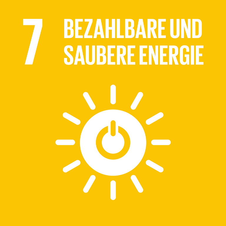 SDG 7 – Bezahlbare und saubere Energie Icon für SDG 7 bezahlbare und saubere Energie, dargestellt wird eine Sonne auf gelbem Hintergrund.