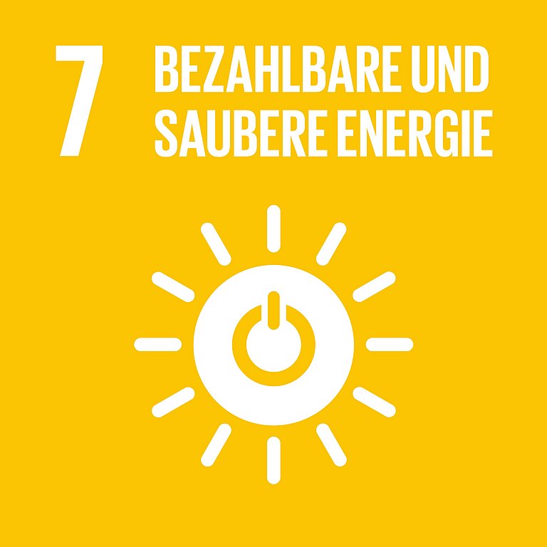 Icon für SDG 7 bezahlbare und saubere Energie, dargestellt wird eine Sonne auf gelbem Hintergrund.