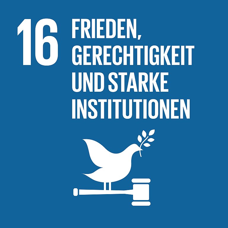 Icon für SDG 16 Frieden und Gerechtigkeit, dargestellt wird eine Friedenstaube auf einem Richterhammer auf dunkelblauem Hintergrund.