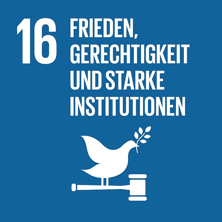 Icon für SDG 16 Frieden und Gerechtigkeit, dargestellt wird eine Friedenstaube auf einem Richterhammer auf dunkelblauem Hintergrund.