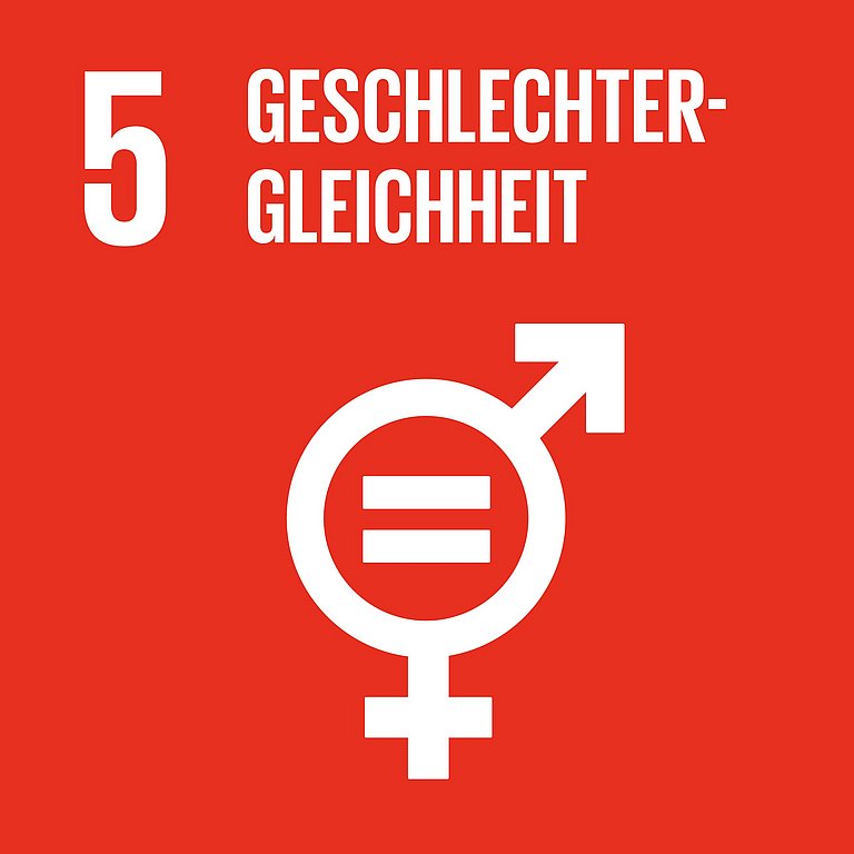 Icon für SDG 5 Geschlechtergleichheit, dargestellt wird ein Gendersymboleine  als Kombination aus Venus- und Marssymbol auf hellrotem Hintergrund.
